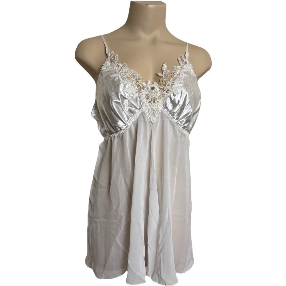 Babydoll White Satin Sheer Lace Bridal Lingerie Sz Large Fairy Beaded Coquette‎